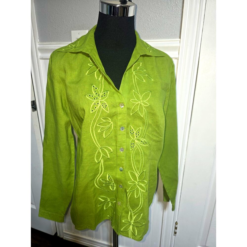 St. Tropez West 100% Linen Button Up Shirt Womens Med Green Coastal